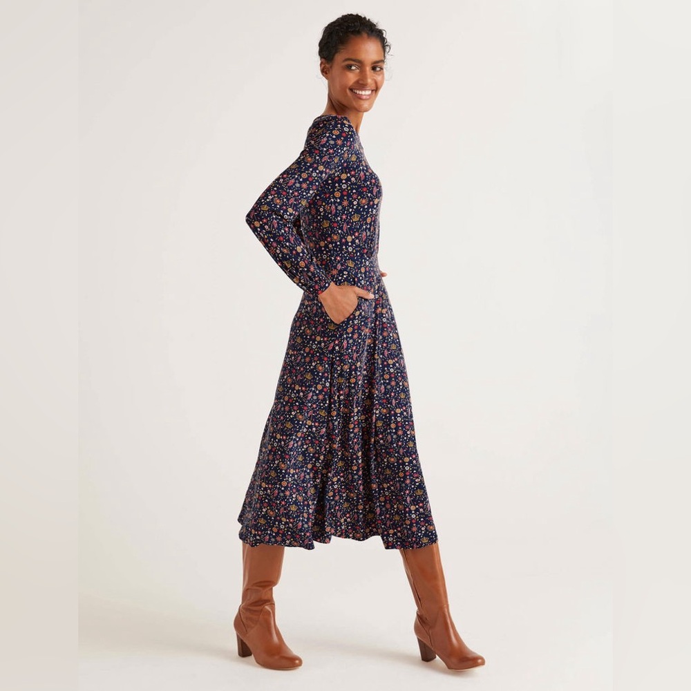 Boden New Sasha Jersey Navy Ditsy Floral Royal Crown Union Jack Maxi Dress 10 L